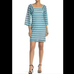 NWT Trina Turk Quanit Square Neck 3/4 Bell Sleeved Dress Zig Zag Crochet sz.0